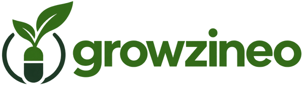 The Growzineo brand logo in dark green, featuring a stylized seed and leaf icon on the left, on a solid white background.