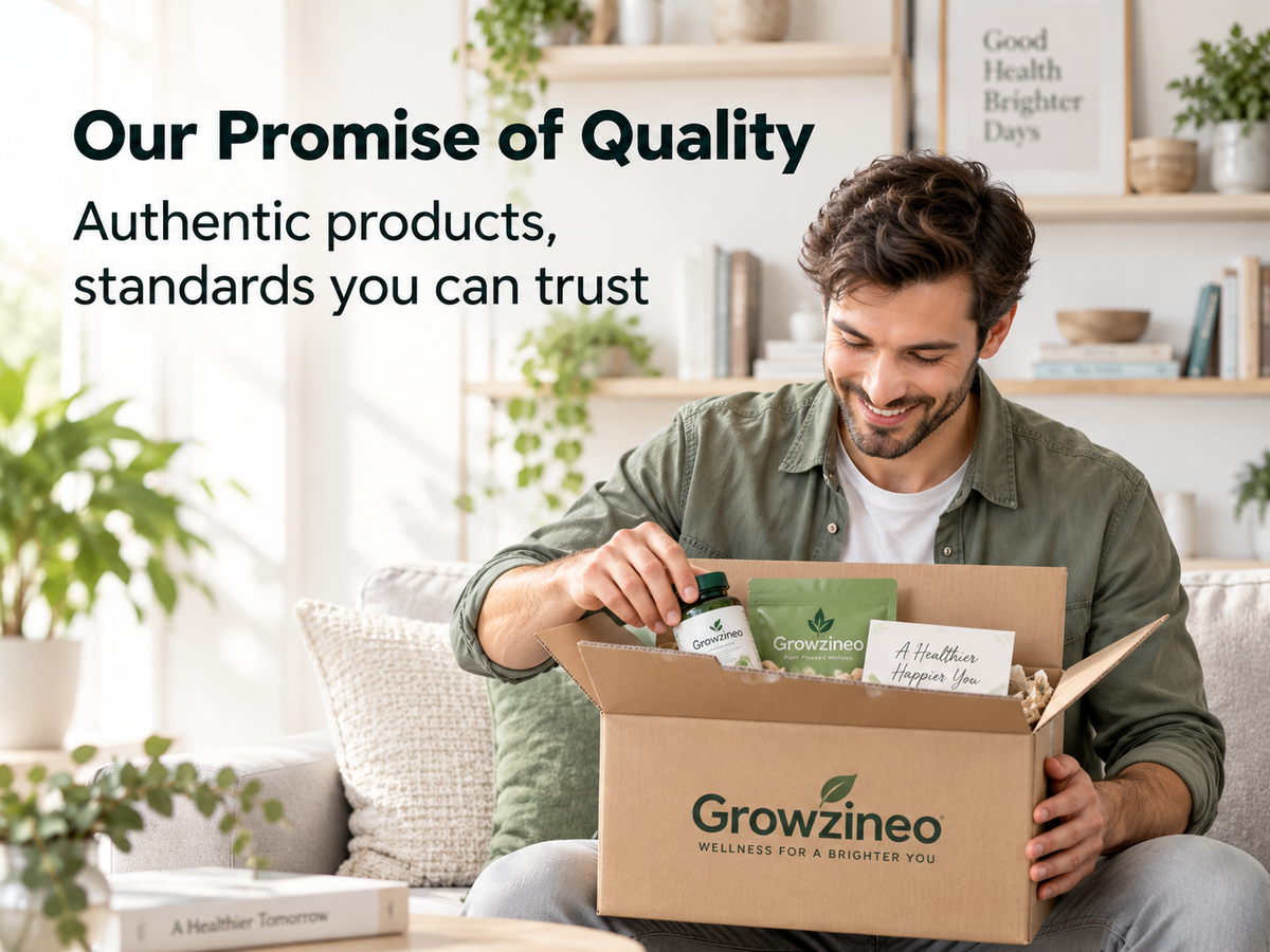A man sitting on a couch in a bright living room opens a Growzineo cardboard subscription box, showing wellness products inside. Large text on the left reads, 'Our Promise of Quality: Authentic products, standards you can trust.