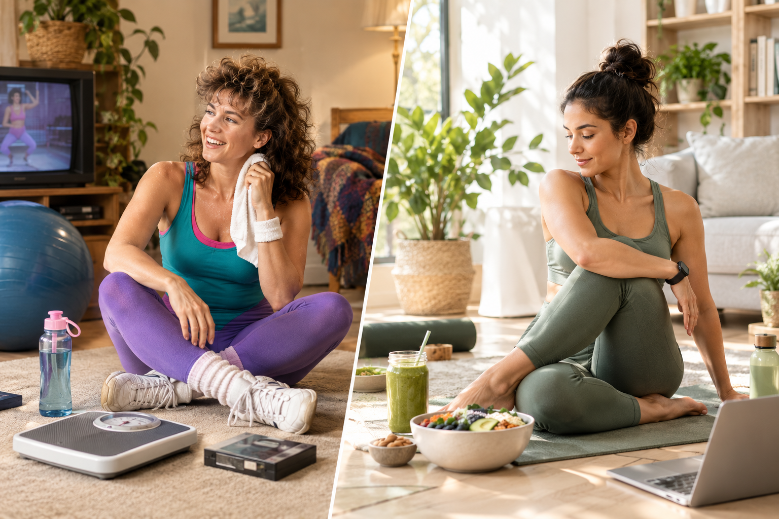 Evolution of home fitness from 1990s aerobics to modern yoga, healthy food, hydration and wearable fitness technology