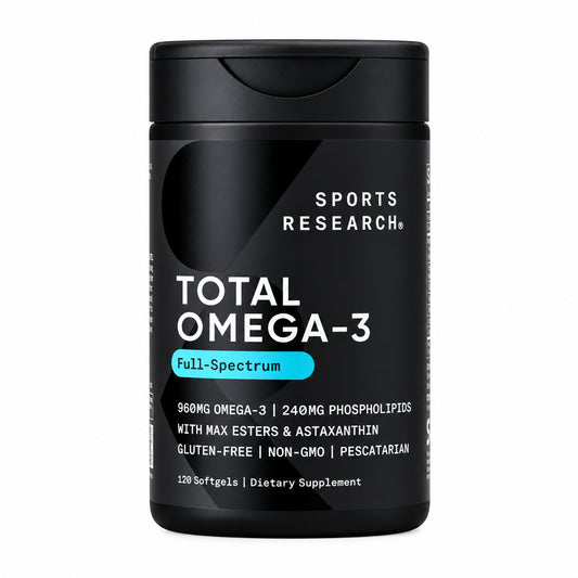 Black supplement container labeled 'Total Omega-3' by Sports Research on a white background