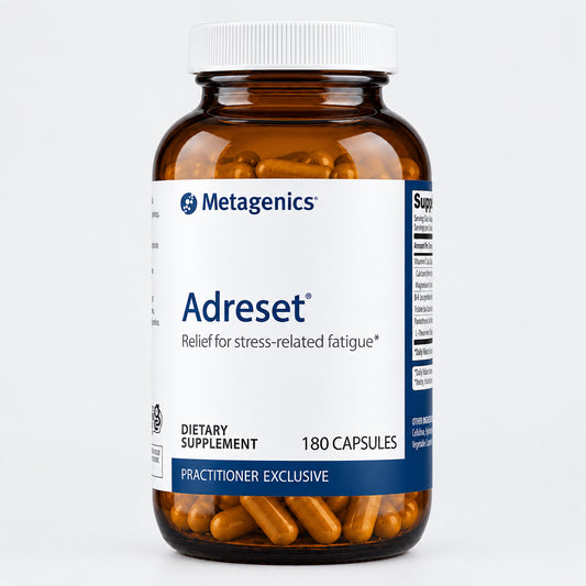 A bottle of Metagenics Adreset dietary supplement, containing 180 capsules, shown against a plain white background.
