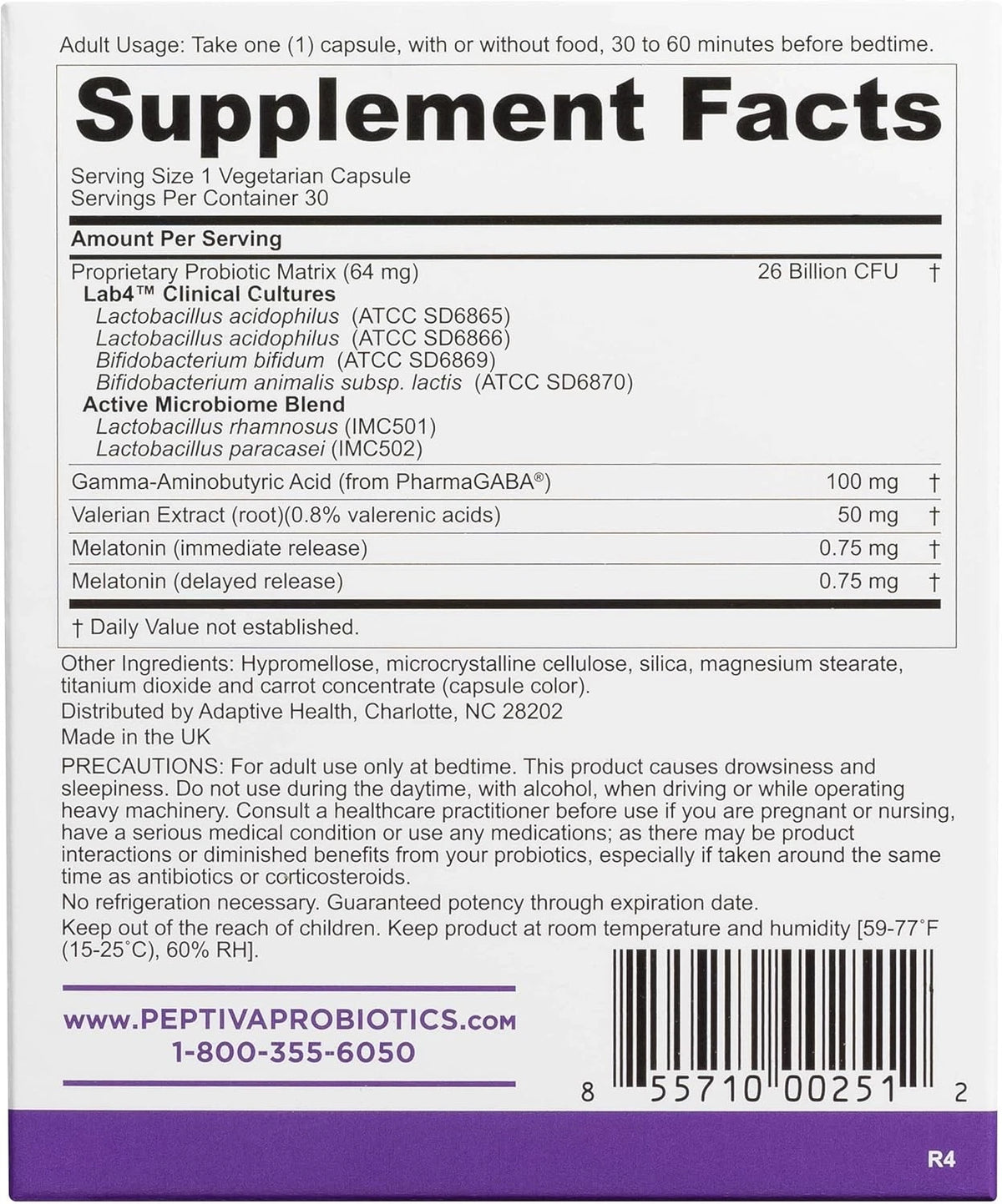 Peptiva 26 Billion CFU Probiotic & Sleep Support – 30 Capsules