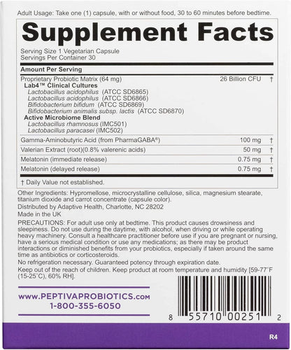 Peptiva 26 Billion CFU Probiotic & Sleep Support – 30 Capsules