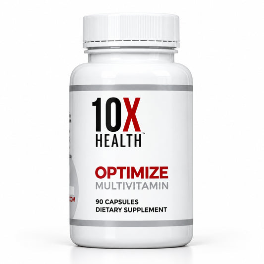 A white bottle of 10X Health Optimize Multivitamin dietary supplement with a white cap, featuring a clean white label with red and black text, set against a plain white background.